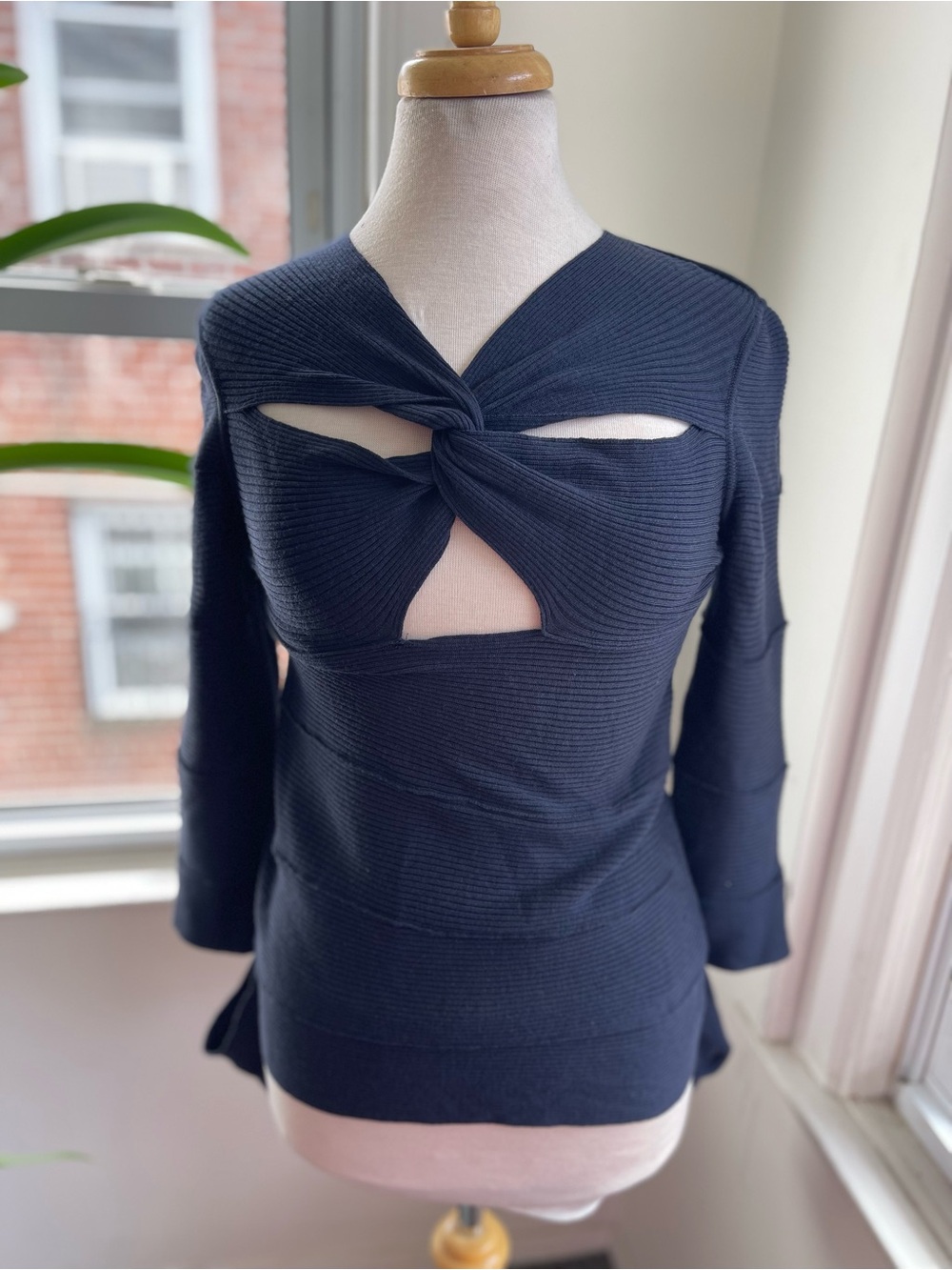 Dior Navy Twist Cutout Ribbed Knit Top